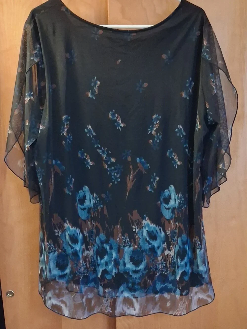 Sese Code 2XL Flowy Blouse, Fairy‎ Boho Ethereal, Floral Pattern, Black Blue